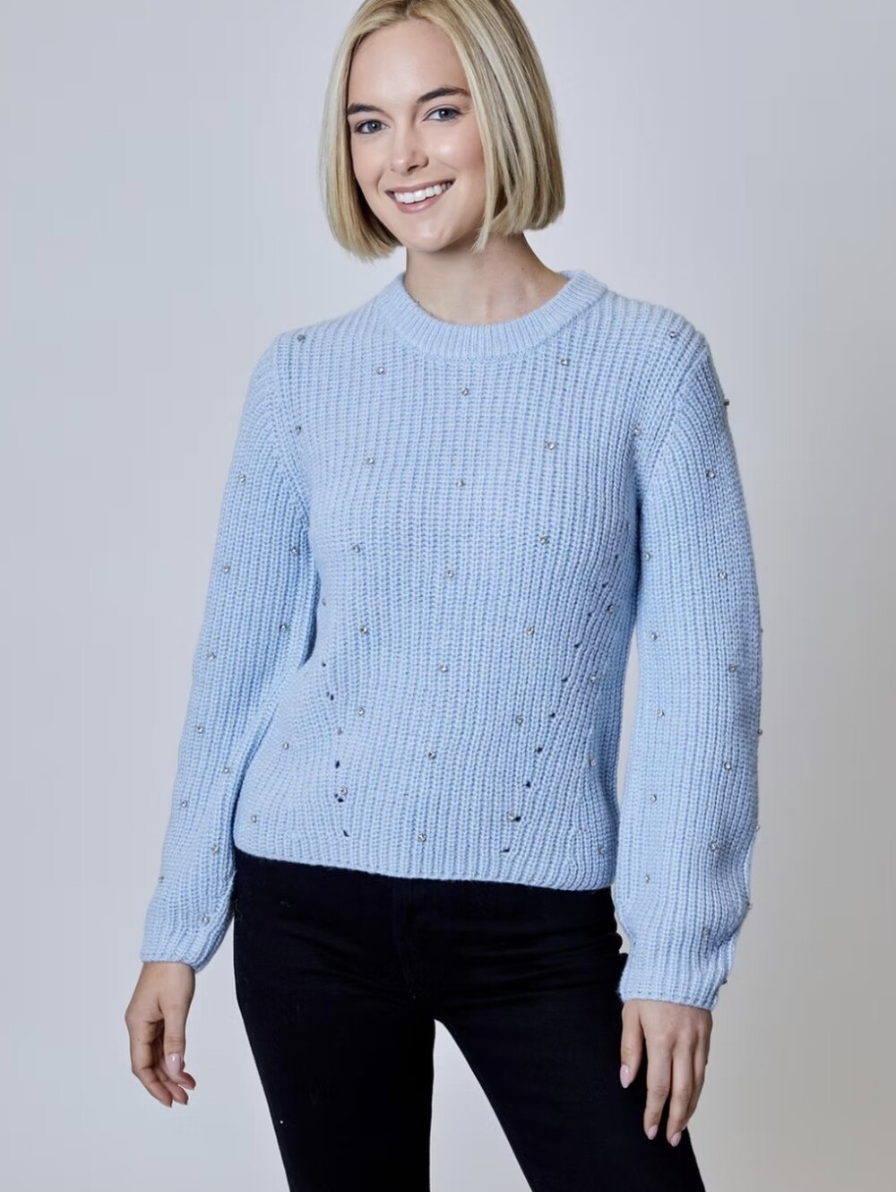 Design History Ribbed-Knit Jewel Embellished Crewneck Sweater Light Blue Medium